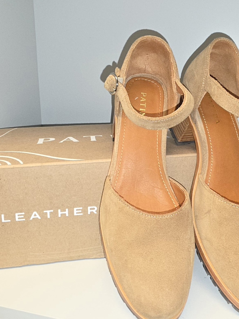 Tan Suede Mary Jane Block Heel Pumps